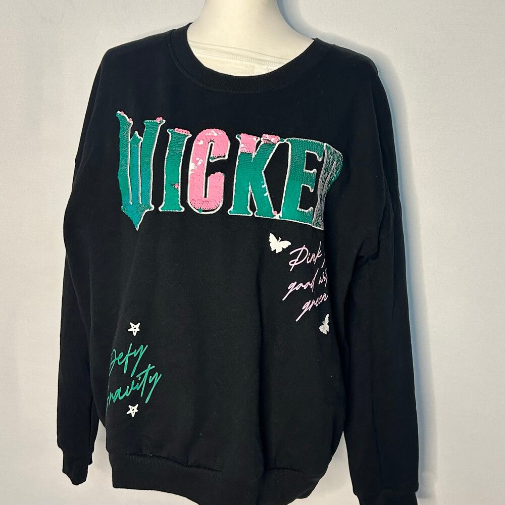 Wicked Black reversible Sequin Sweatshirt Glinda Elphaba Graphic Pullover large
